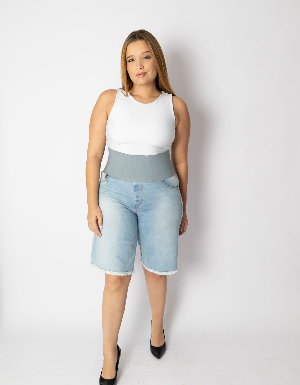 Bermuda Modeladora Afina Cintura Jeans Fittform Megaflex