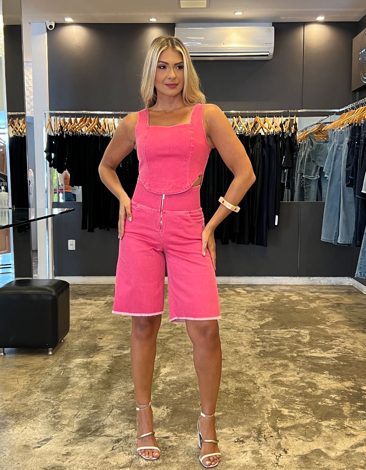 Bermuda Modeladora Afina Cintura Jeans Fittform Megaflex Pink