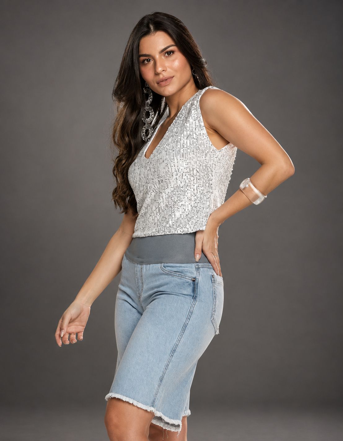 Bermuda Modeladora Afina Cintura Jeans Fittform Megaflex
