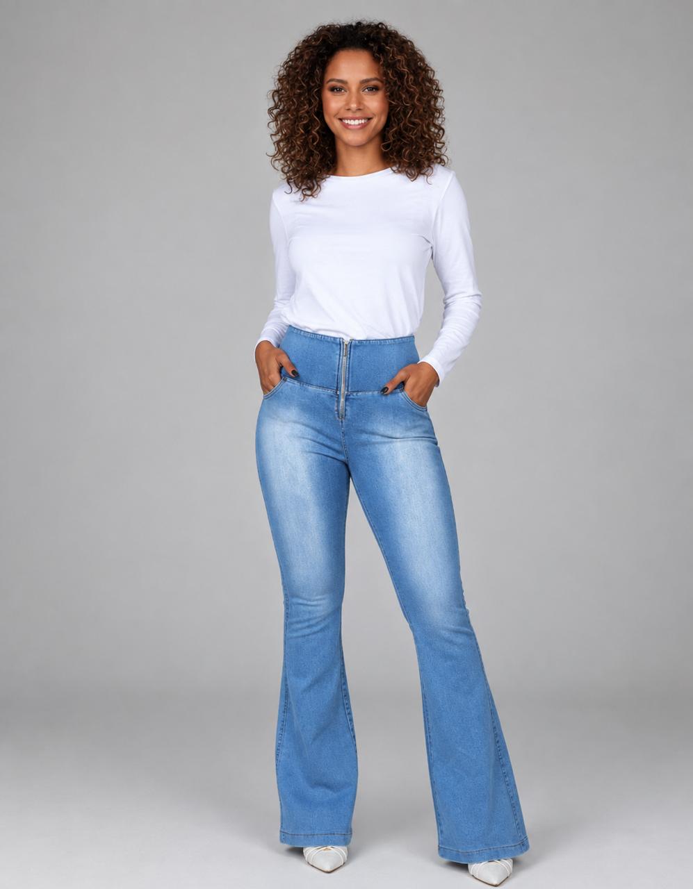 Calça Modeladora Afina Cintura Jeans Flare